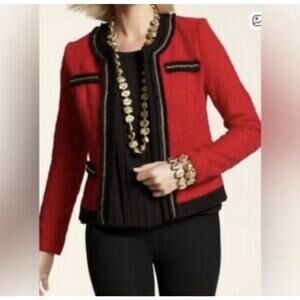 CHICOS textured open jacket suit Coat Blazer frindge gold Chain Chicos Sz 0 NEW